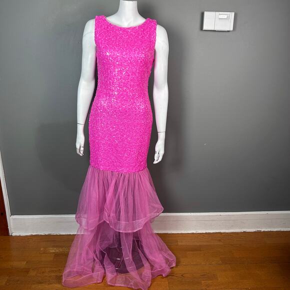 Faeriesty Mermaid dress Gown Size L Hot Pink sequins fairy Legally Blonde Prom - Picture 2 of 12